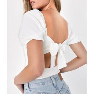 Lulus Abundance of Love White Textured Puff Sleeve Tie-Back Bodysuit Sz Small Wo